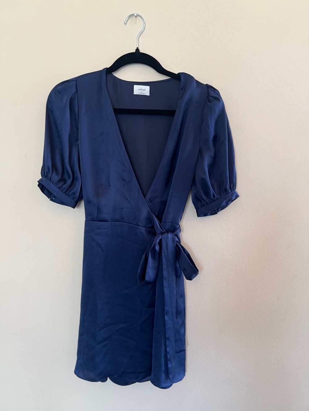Wilfred Navy Satin Wrap Mini Dress